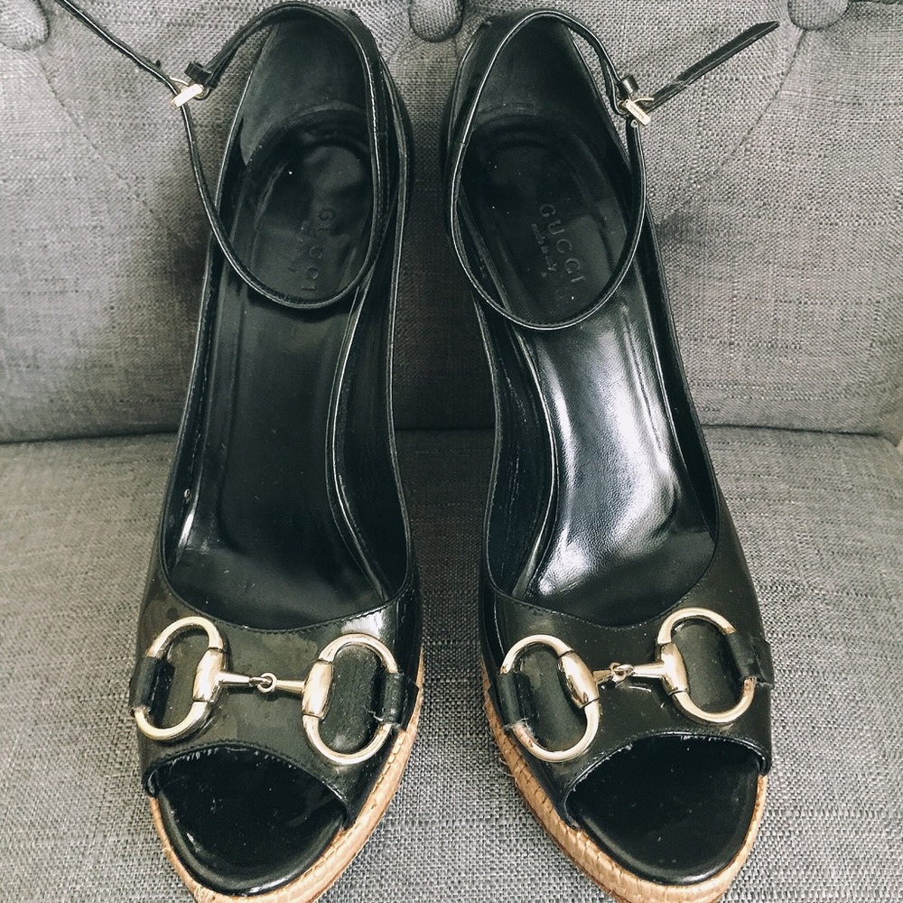 GUCCI BLACK ANKLE STRAP WEDGES